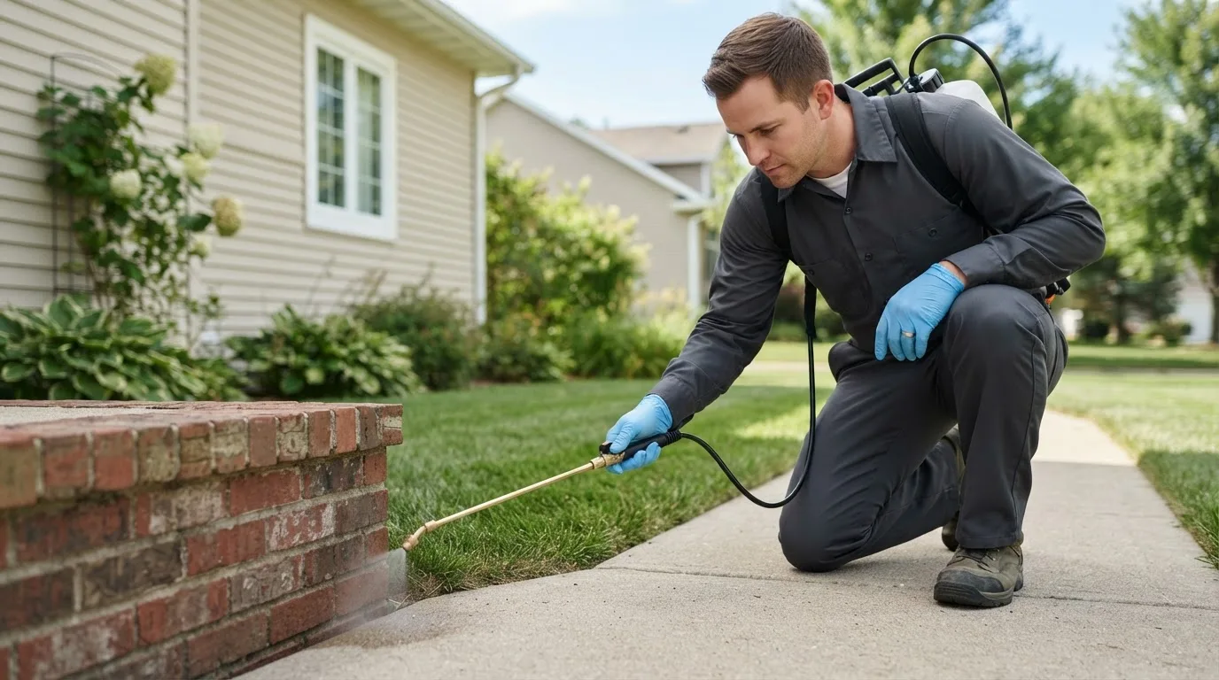 Pest control technician treating a home near East Palestine, OH